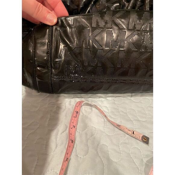 Michael Kors Black Patent Embossed Logo Shoulder Bag Gold Accents - Picture 6 of 9